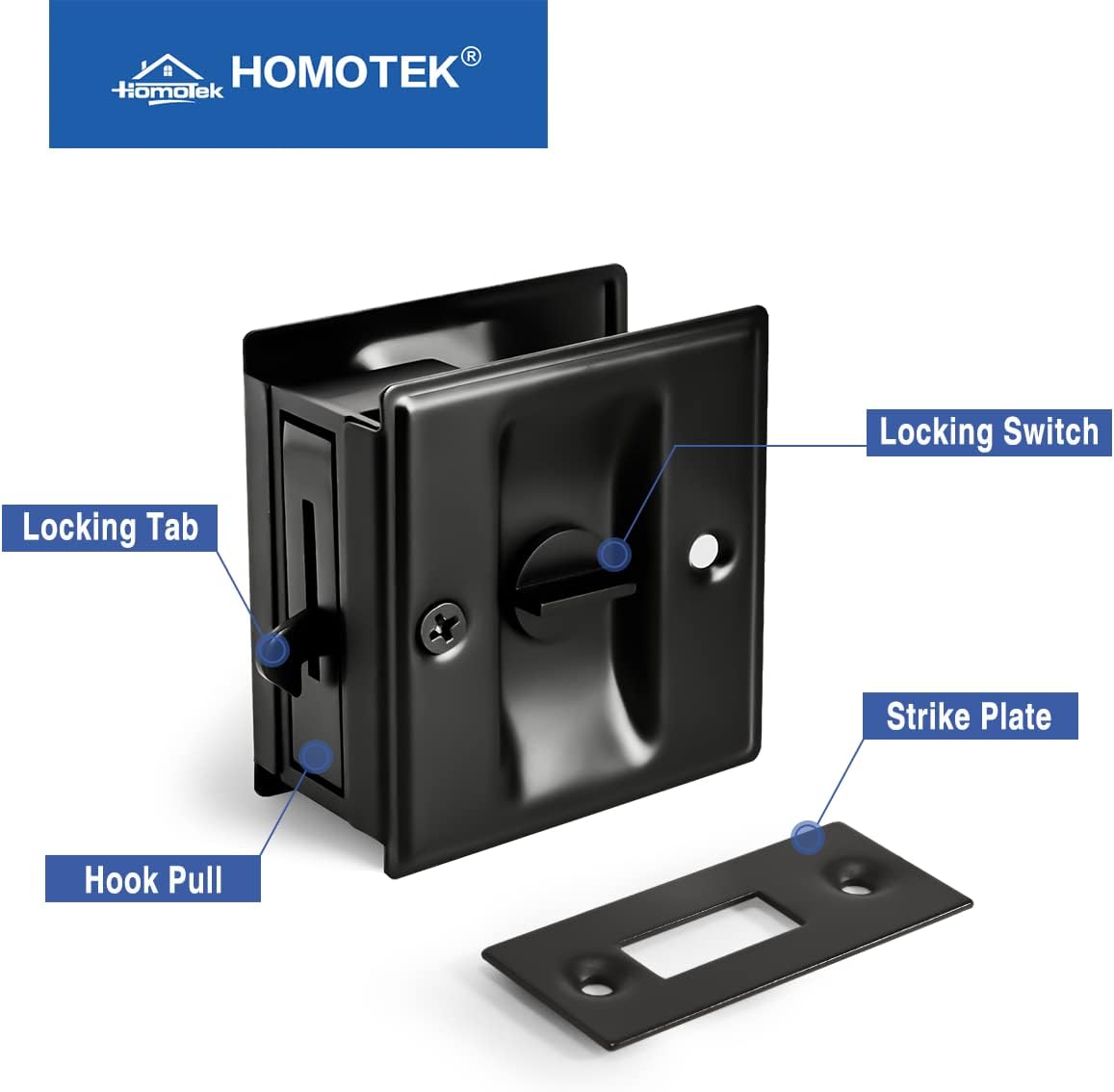 HOMOTEK Privacy Sliding Pocket Door Lock with Pull, 2-3/4 x 2-1/2 in, for 1-3/8 in Doors - 4 Pack, Black - Image 4