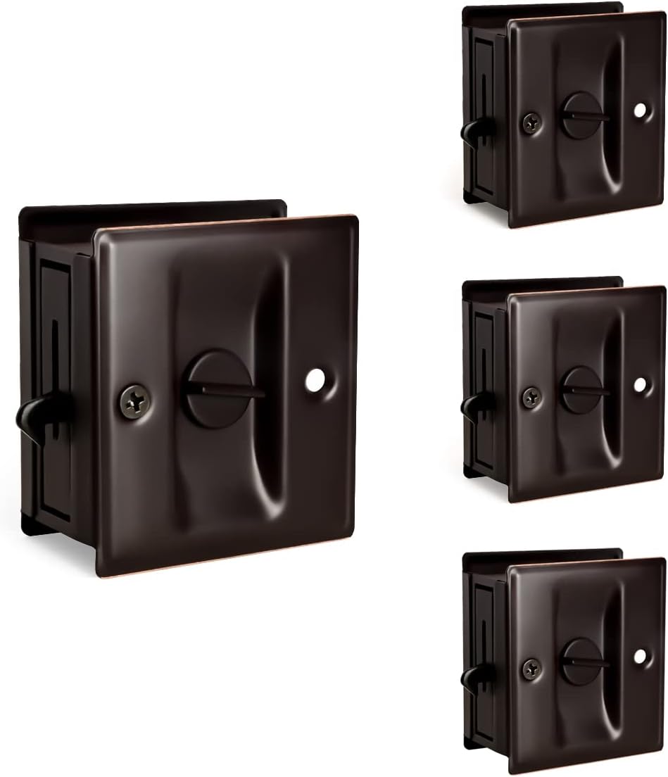 HOMOTEK Privacy Sliding Pocket Door Lock with Pull, 2-3/4 x 2-1/2 in, for 1-3/8 in Doors - 4 Pack, Oil Rubbed Bronze - Image 1