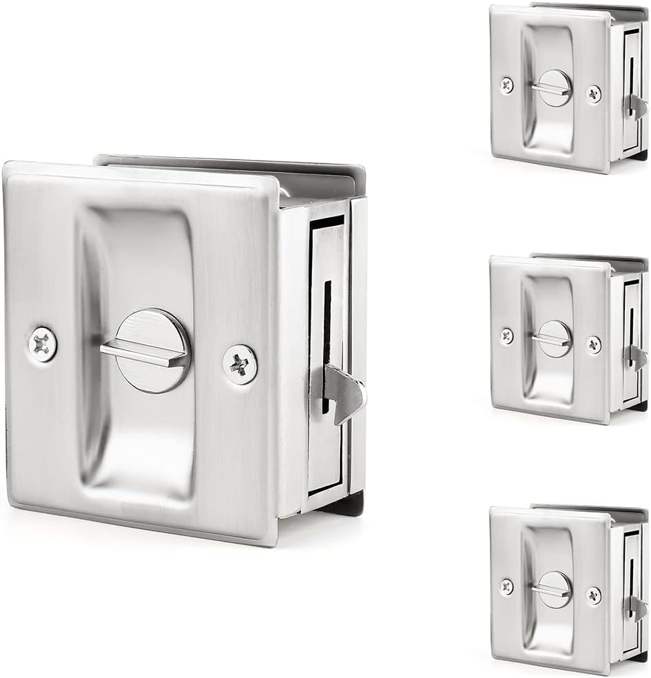 HOMOTEK Privacy Sliding Pocket Door Lock with Pull, 2-3/4 x 2-1/2 in, for 1-3/8 in Doors - 4 Pack, Brushed Nickel - Image 1