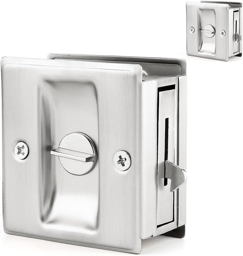 HOMOTEK Privacy Sliding Pocket Door Lock with Pull, 2-3/4 x 2-1/2 in, for 1-3/8 in Doors - 2 Pack, Brushed Nickel - Image 1
