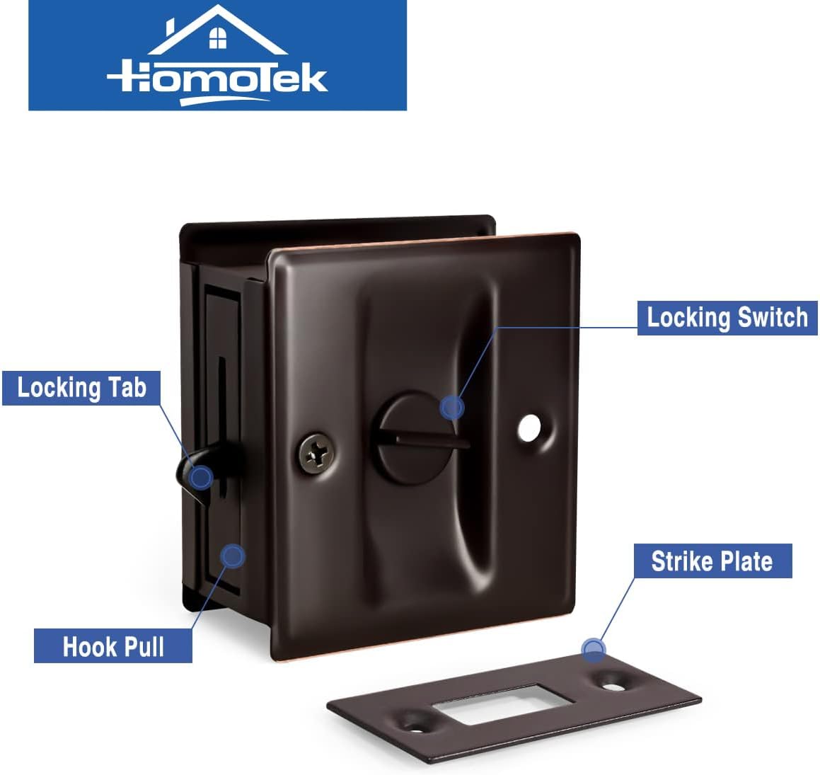 HOMOTEK Privacy Sliding Pocket Door Lock with Pull, 2-3/4 x 2-1/2 in, for 1-3/8 in Doors - 1 Pack, Oil Rubbed Bronze - Image 4