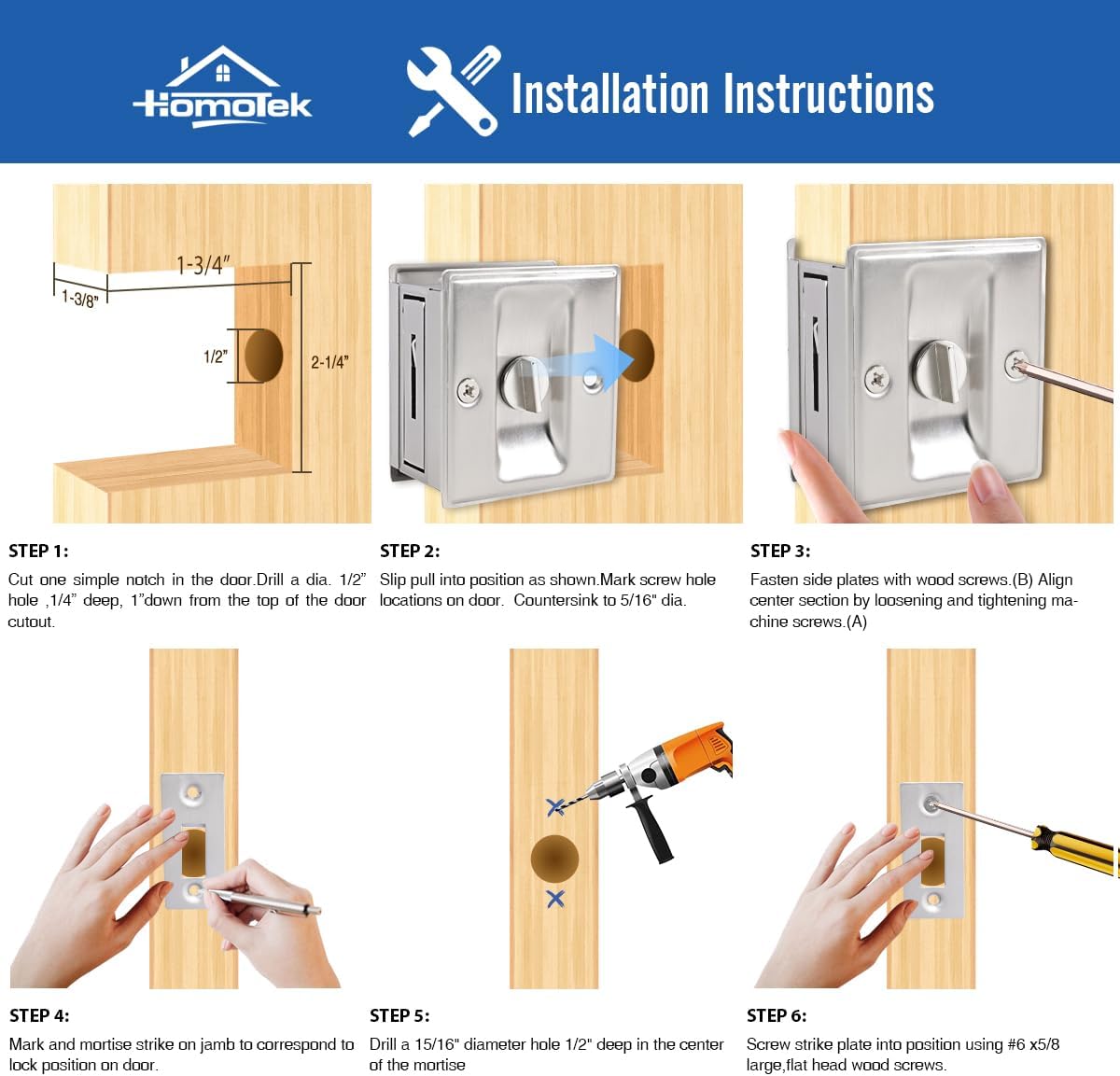 HOMOTEK Privacy Sliding Pocket Door Lock with Pull, 2-3/4 x 2-1/2 in, for 1-3/8 in Doors - 4 Pack, Brushed Nickel - Image 5
