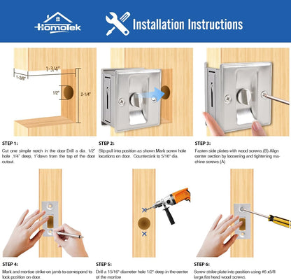 HOMOTEK Privacy Sliding Pocket Door Lock with Pull, 2-3/4 x 2-1/2 in, for 1-3/8 in Doors - 4 Pack, Brushed Nickel - Image 5