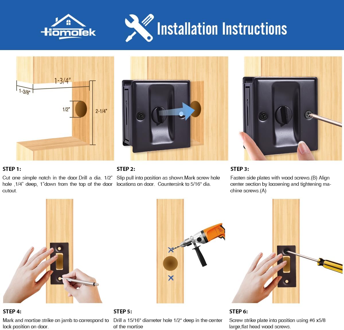 HOMOTEK Privacy Sliding Pocket Door Lock with Pull, 2-3/4 x 2-1/2 in, for 1-3/8 in Doors - 4 Pack, Oil Rubbed Bronze - Image 5