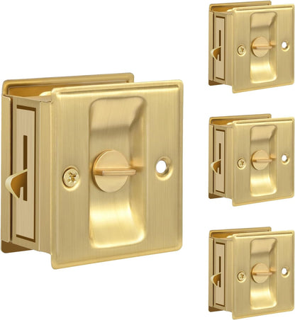HOMOTEK Privacy Sliding Pocket Door Lock with Pull, 2-3/4 x 2-1/2 in, for 1-3/8 in Doors - 4 Pack, Brushed Brass - Image 1
