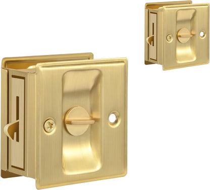 HOMOTEK Privacy Sliding Pocket Door Lock with Pull, 2-3/4 x 2-1/2 in, for 1-3/8 in Doors - 2 Pack, Brushed Brass - Image 1