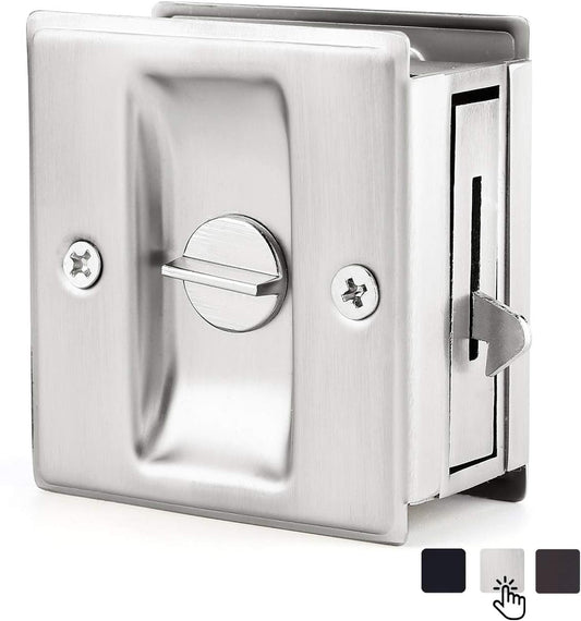 HOMOTEK Privacy Sliding Pocket Door Lock with Pull, 2-3/4 x 2-1/2 in, for 1-3/8 in Doors - 1 Pack, Brushed Nickel - Image 1