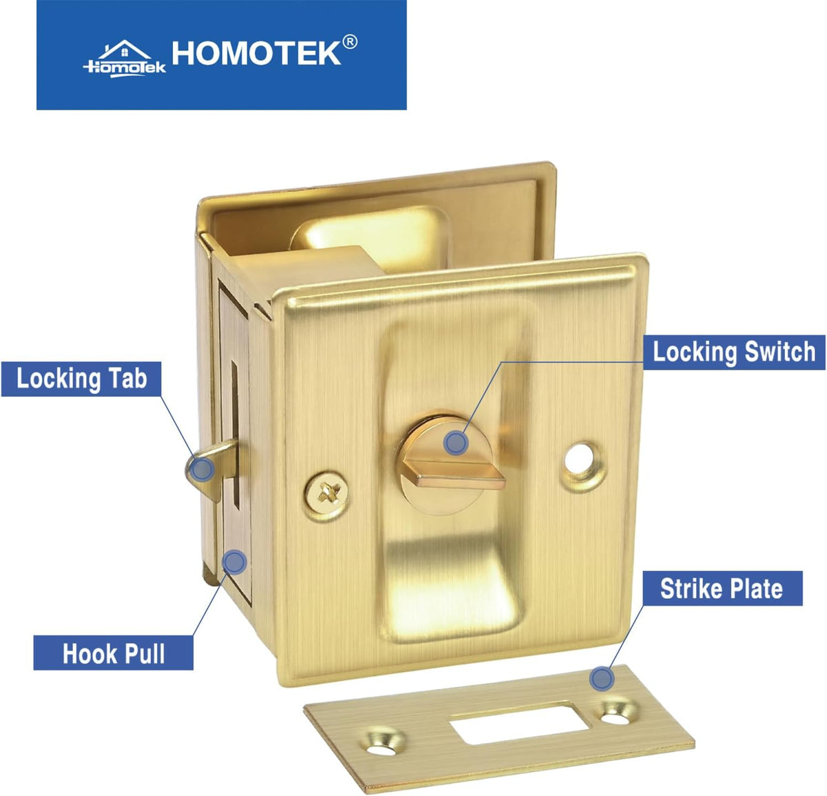 HOMOTEK Privacy Sliding Pocket Door Lock with Pull, 2-3/4 x 2-1/2 in, for 1-3/8 in Doors - 4 Pack, Brushed Brass - Image 4