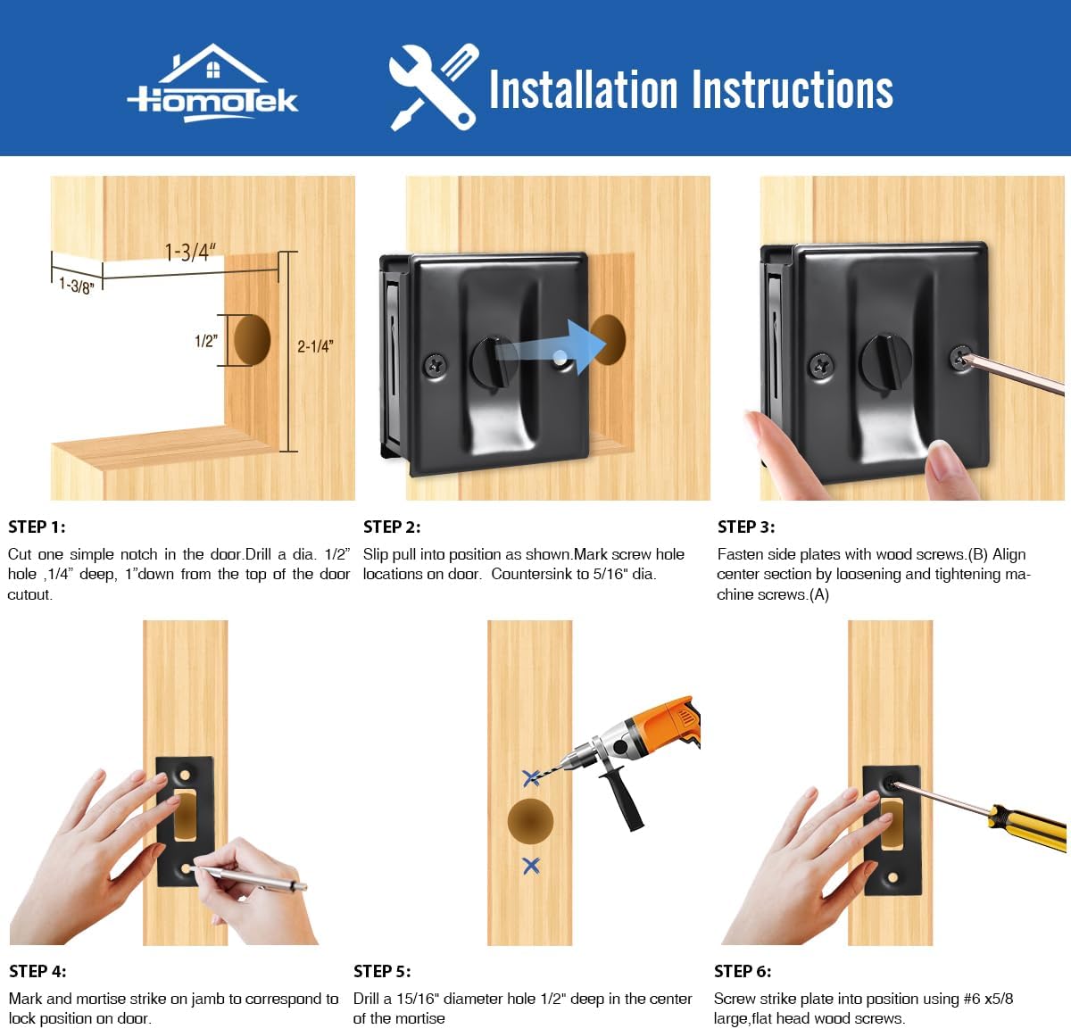HOMOTEK Privacy Sliding Pocket Door Lock with Pull, 2-3/4 x 2-1/2 in, for 1-3/8 in Doors - 4 Pack, Black - Image 5