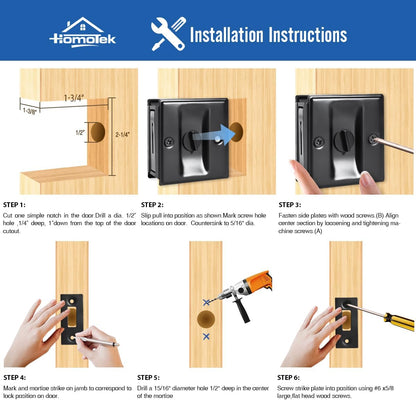 HOMOTEK Privacy Sliding Pocket Door Lock with Pull, 2-3/4 x 2-1/2 in, for 1-3/8 in Doors - 4 Pack, Black - Image 5
