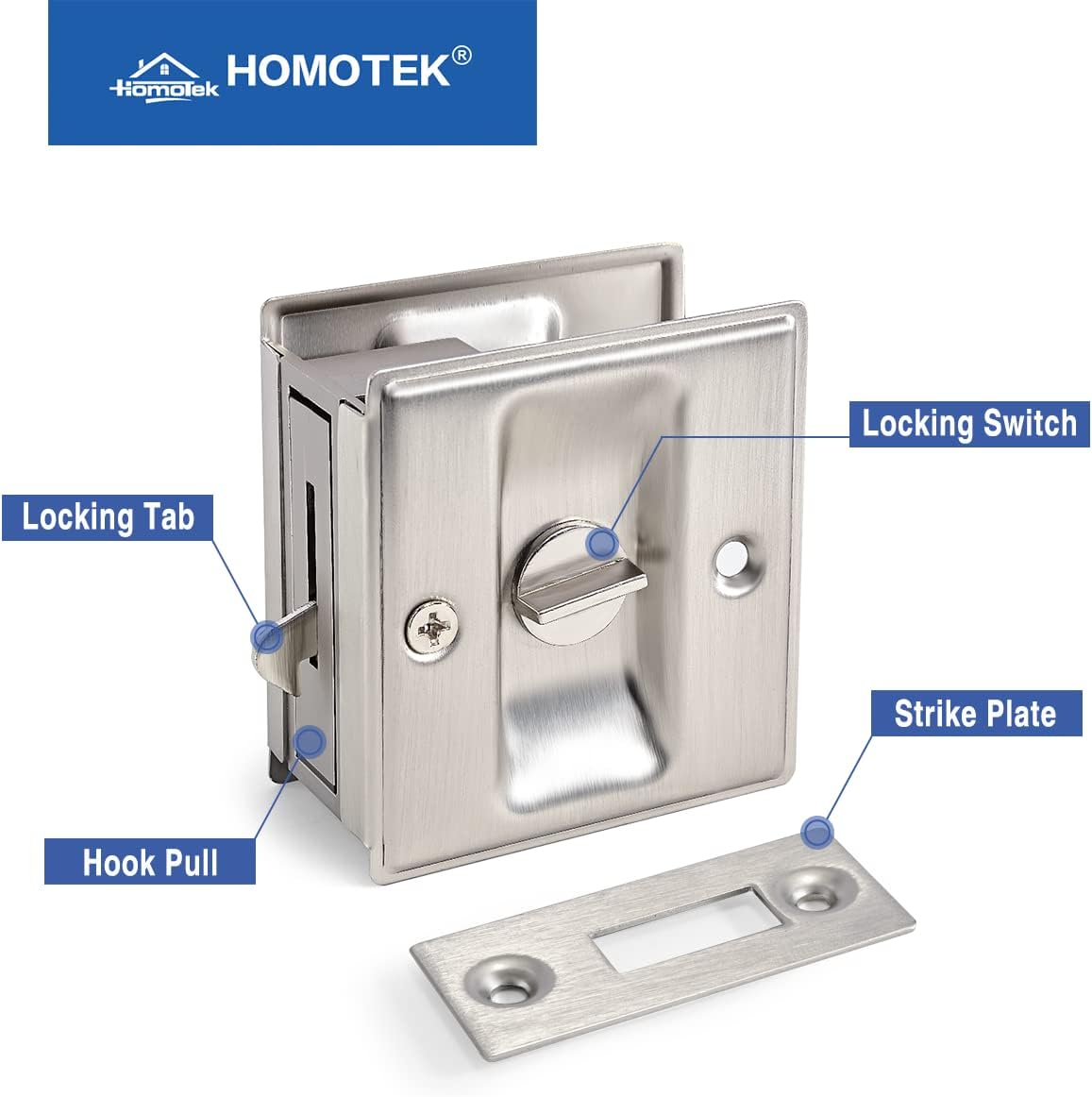 HOMOTEK Privacy Sliding Pocket Door Lock with Pull, 2-3/4 x 2-1/2 in, for 1-3/8 in Doors - 4 Pack, Brushed Nickel - Image 4