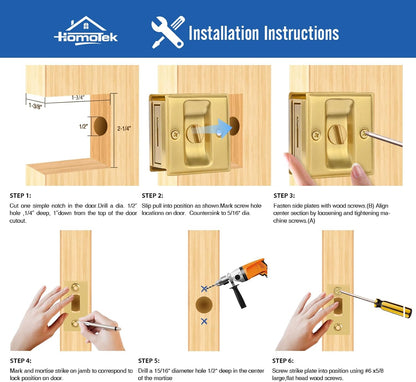 HOMOTEK Privacy Sliding Pocket Door Lock with Pull, 2-3/4 x 2-1/2 in, for 1-3/8 in Doors - 4 Pack, Brushed Brass - Image 5