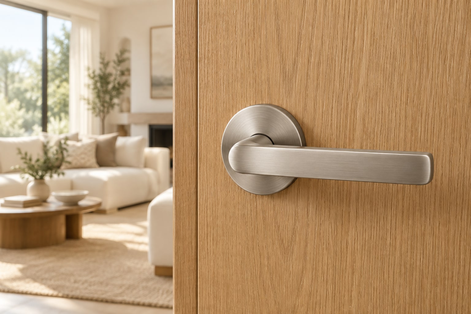 Satin nickel lever on an oak door in a warm contemporary interior